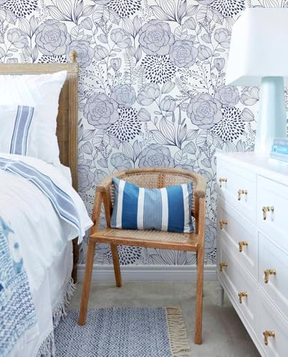 Wudnaye Navy Blue Floral Peel and Stick Wallpaper Blue and White Wallpaper 16.9"×393" Navy Floral Stick and Peel Wall Paper Flowers Contact Paper Self Adhesive Removable Waterproof for Bathroom Decor - color: Blue, size: 17" x 393.6"