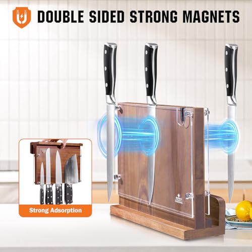 ENOKING Magnetic Knife Block 12.2 x 9.3", Double Sided Magnetic Knife Holde with Knife Sharpener, Acacia Wood Magnetic Knife Stand with Acrylic Shield for Kitchen Countertop - size: 12.2*9.3 inches