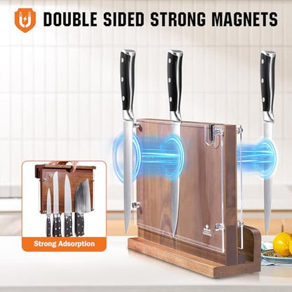 ENOKING Magnetic Knife Block 12.2 x 9.3", Double Sided Magnetic Knife Holde with Knife Sharpener, Acacia Wood Magnetic Knife Stand with Acrylic Shield for Kitchen Countertop - size: 12.2*9.3 inches