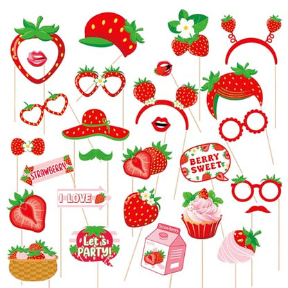28 Pcs Strawberry Photo Booth Props Berry Sweet Theme Selfie Props for Summer Fruits Birthday Wedding Party Decoration Supplies