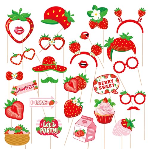 28 Pcs Strawberry Photo Booth Props Berry Sweet Theme Selfie Props for Summer Fruits Birthday Wedding Party Decoration Supplies