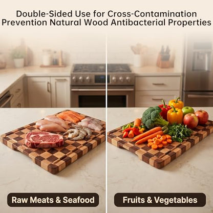 THETCHRY Cutting Boards for Kitchen, Checkered Cutting Board Upgraded, Acacia Wood Chopping Board with Juice Grooves & Handles, Large Butcher Block Serving Tray with Gift Box, 17"X12"X0.8" - size: 17"L x 12"W