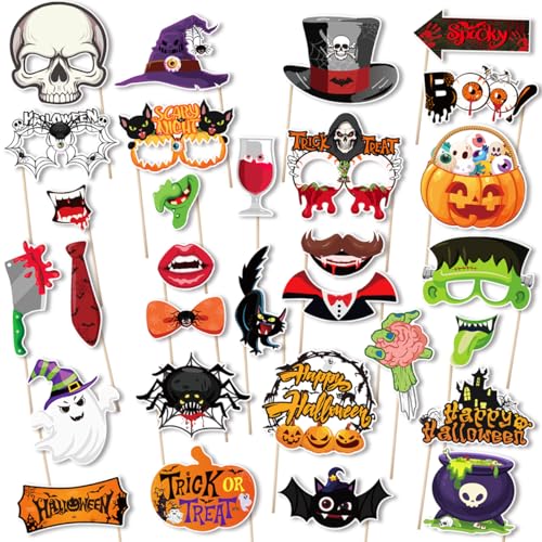 Halloween Photo Props, Tumwisk 30PCS Halloween Photo Booth Funny Kit, Witch Hat Pumpkin Skull Mask Bat Glasses Spider Selfie Props for All-Hallows-Eve Decoration - color: Halloween