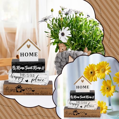 Geelin 4 Pcs Farmhouse Wooden Tabletop Decor Sweet Home Tiered Tray Decor Rustic Home Wood Sign Neutral Decorations for Wood Block Sign Coffee Shelf Desk Centerpiece Decoration - style: Home