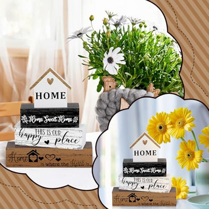 Geelin 4 Pcs Farmhouse Wooden Tabletop Decor Sweet Home Tiered Tray Decor Rustic Home Wood Sign Neutral Decorations for Wood Block Sign Coffee Shelf Desk Centerpiece Decoration - style: Home