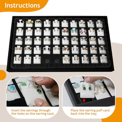 Ikee Design 2 Pcs Set Black Earring Display Tray with 50 Earring Cards Organizer, Jewelry Tray Display for Stud Earring Collection, 100pcs Earring Puffy Cards, 14 3/4W x 8 1/4D x 1H in, White, Black - color: Small Earring Card