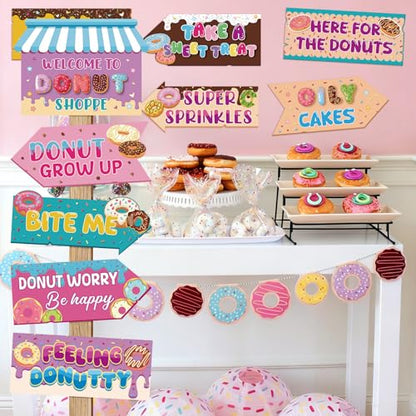 Hooqict 20 Pieces Doughnut Party Sign Welcome to Donut Party Directional Signs for Kids Girls Sweet Donut Themed Birthday Decorations Supplies - style: Doughnut