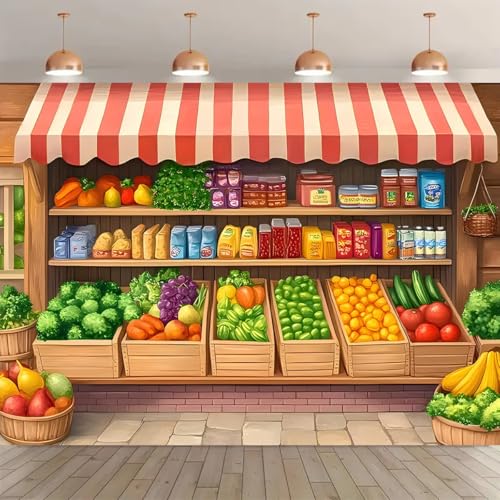 Cartoon Grocery Store Shop Backdrop Vintage Style with Fruit and Vegetables Crates Background for Party Decorations Children Birthday Cake Smashing Portrait Backgrounds (A, 9 * 6feet) - color: A, size: 9*6feet
