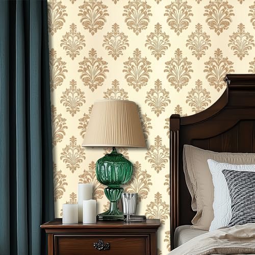HOMETITUTE Wallpaper Peel and Stick Gold Damask on Beige Background Contact Paper Wall Paper Stick 17.7" x 118.1" Self Adhesive Removable Vinyl Wall Covering Bedroom Kitchen Bathroom Home Decor - color: Gold Damask on Beige Background