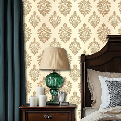HOMETITUTE Wallpaper Peel and Stick Gold Damask on Beige Background Contact Paper Wall Paper Stick 17.7" x 118.1" Self Adhesive Removable Vinyl Wall Covering Bedroom Kitchen Bathroom Home Decor - color: Gold Damask on Beige Background
