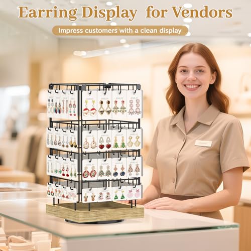 MODOWEY Earring Card Display Stand for Vendors, 64 Hooks Rotating Organizer Tree Holder, 4 Tier Jewelry Rack with Wooden Base for Stud Pierced Earring Selling, Grab Attention to Boost Sales, Oak - color: Oak