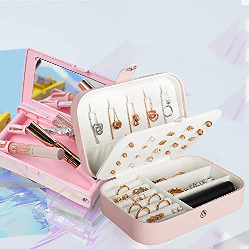 Hatori Travel Jewelry Box, PU Leather Small Jewelry Organizer for Women Girls, Portable Mini Travel Case Display Storage Holder Boxes for Stud Earrings, Rings, Necklaces, Bracelets (Pink) - color: Pink