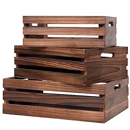 Wood Crates For Storage,Decorative Vintage Brown Wooden Crates For Display,Handmade Solid Wood Boxes,Set Of 3 Rustic Black Wooden Crate. (vintage brown) - color: vintage black