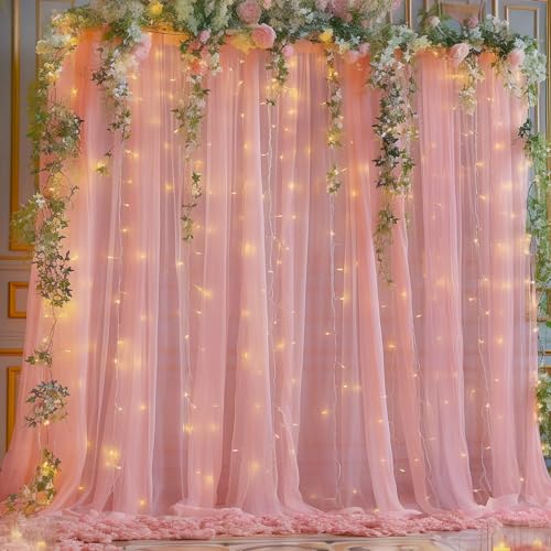 10x8ft Dusty Rose Tulle Backdrop Curtain with Lights String for Parites, Sheer Backdrop Curtains for Wedding Baby Shower Birthday Party Photo Shoot Decorations - color: Dusty Rose, size: 10ft x 8ft(2 Panels 5*8ft)