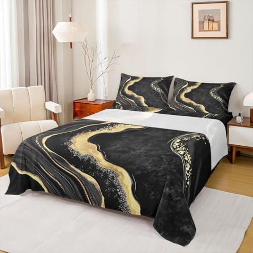 Erosebridal Black Gold Marble Queen Sheets for Teens Kids Child - Modern Abstract Marble Texture Bed Sets Boho Hippie Fluid Sheets Colorful Retro Style Flat Fitted Sheet - color: Black Gold, size: Queen