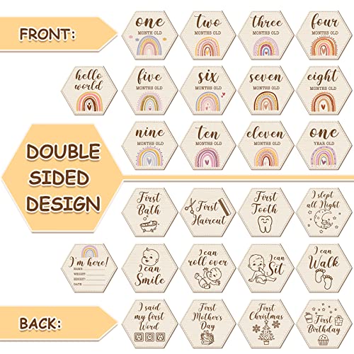 Amyhill 13 Pcs Wooden Baby Monthly Milestone Cards Signs Double Sided Milestone Discs Baby Shower Boho Photo Props Gifts Birth Announcement Signs Pregnancy Journey Growth Marker(Rainbow)