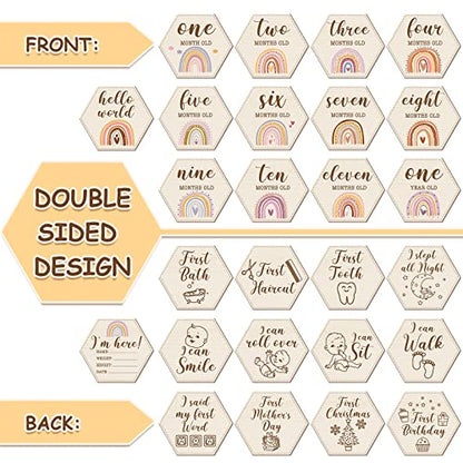 Amyhill 13 Pcs Wooden Baby Monthly Milestone Cards Signs Double Sided Milestone Discs Baby Shower Boho Photo Props Gifts Birth Announcement Signs Pregnancy Journey Growth Marker(Rainbow)