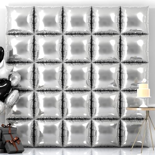 25PSC Silver Square Foil Balloon Wall Backdrop Double Sided Silver Square Sided Balloon Tunnel Kit for New Year Birthday Graduation Wedding Anniversary and Children's Party Decoration - color: Silver