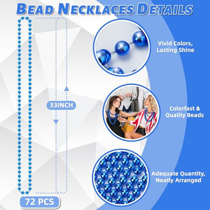 YAXINRUI 72 PCS Blue Bead Necklace, Blue Mardi Gras Beads Christmas Necklaces, Patriotic Necklace, 33 Inch Round Beaded Necklaces for Mardi Gras Christmas 4th of July Festive Events - color: Blue, size: 72 Pcs