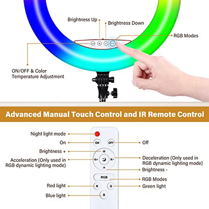 Yesker Ring Light with Tripod Stand and Phone Holder 18 Inch RGB Ringlight 25 RGB Modes Bi-Color Adjustable 2700–7000K LED Selfie Halo Light Kit for Live Stream Photography Zoom Makeup Youtobe Tiktok - size: 18" RGB Ring Light
