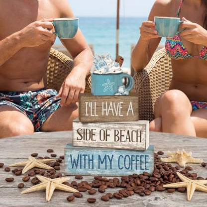 Lineshading 4 Pcs Summer Table Decorations Beach Coffee Bar Wooden Block Sign Blue Rustic Coastal Tiered Tray Decor with Coffee Cup Summer Centerpieces Decor for Beach Nautical Party Office Home - style: Beach