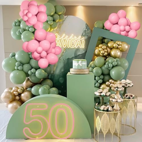 MEBAY Sage Green Pink Gold Balloon Arch Kit, 141Pcs Sage Green Pastel Pink Chrome Gold Sand White Latex Balloons for Birthday Wedding Baby Shower Gender Reveal Anniversary - color: 141-sage Green