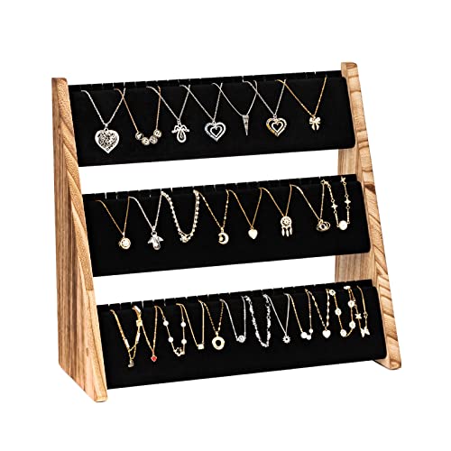 Necklace Holder, 3 Tier Necklace Organizer Stand with Velvet, Wood Necklace Display Stands for Selling, Jewelry Display Stand for 72 Necklaces Bracelets (Brown) - color: Black and Brown, size: 1 Pack