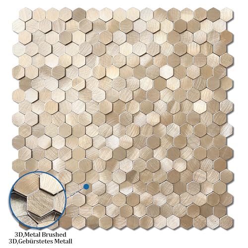 3D Metal Peel and Stick Backsplash for Kitchen,Mini Hexagon Tile Stickers Self Adhesive Wall Tiles Heat Resistant(8 Sheets,Champagne Gold) - color: Champagne Gold