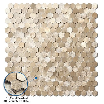 3D Metal Peel and Stick Backsplash for Kitchen,Mini Hexagon Tile Stickers Self Adhesive Wall Tiles Heat Resistant(8 Sheets,Champagne Gold) - color: Champagne Gold