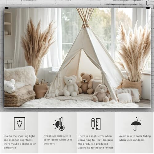 YongFoto Bear Theme Backdrop 5x3ft Tent Blanket Pampas Boho Photography Background Baby Shower Cradle Ceremony Kid Birthday Party Banner Baby Portraits Photoshoot Wallpaper Photo Studio Booth Prop - color: Style 4, size: 5ftx3ft
