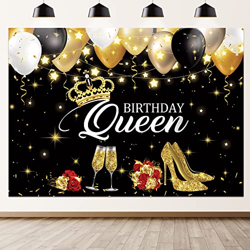 Newsely Black Gold Birthday Backdrop Banner, Queen Birthday Backdrop Background for Women Photography Party Decorations Banner Photo Booth Props Supplies 7Wx5H - color: E-Black, size: 7Wx5H