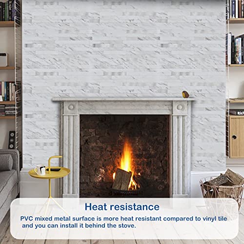 Midcard 20 Sheet Peel and Stick Backsplash, White Marble PVC Wall Tile for Kitchen Backsplash - color: White Marble With Metallic Silver, size: 20