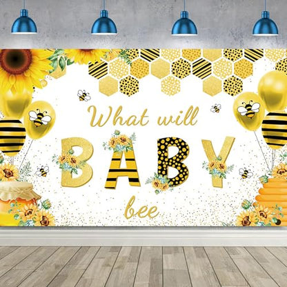 10x8ft Baby Shower Backdrop What Will Baby Bee Yellow Flower Background Kids Party Supplies Wall Banner Cake Table Decor Newborn Gender Reveal Neutral Photography Photo Booth Studio Props - size: 10x8ft