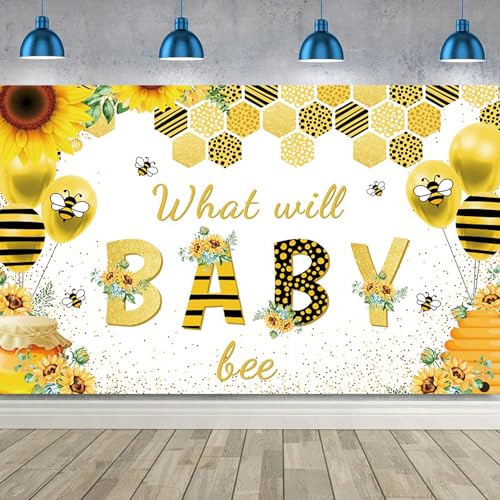12x8ft Baby Shower Backdrop What Will Baby Bee Yellow Flower Background Kids Party Supplies Wall Banner Cake Table Decor Newborn Gender Reveal Neutral Photography Photo Booth Studio Props - size: 12x8ft