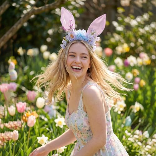 Women Easter Bunny Ears Headband Flowers Crown Rabbit Ears Party Headwear - color: purple