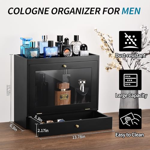 Perfume Organizer for Men, Wood Perfume Display Stand with Velvet Lining Drawer,Capacity Dustproof Perfume Holder for Watch,Jewelry,Perfume Display Risers,A Gift for Men (Black) - color: Black