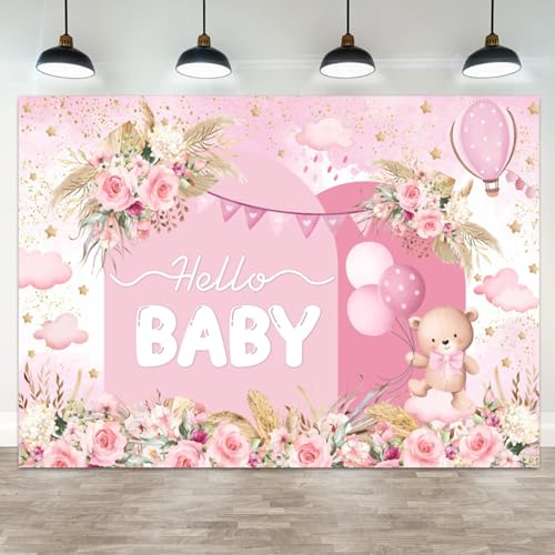 5x3ft Hello Baby Backdrop Pink Gold Boho Floral Bear Baby Shower Photography Background Balloon Stars Clouds Banner Decorations Welcome Newborn Celebration Party Portrait Photo Booth Prop - color: color 2, size: 5x3ft