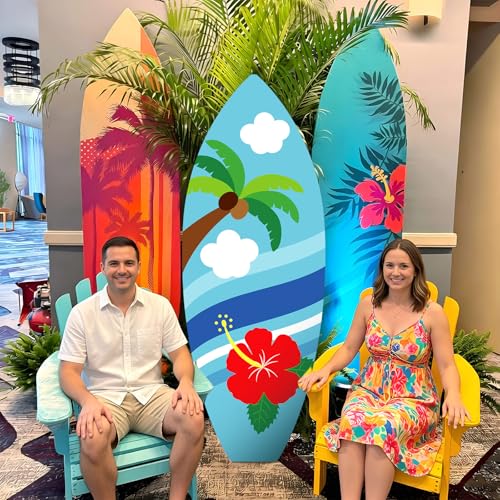 Yalikop 6 Ft Hawaii Surfboard Cardboard Cutout Stand Up Photo Prop - Hawaiian Tropical Party Decorations Standee Surfboard Foam Board for Garden Yard Sign Decor Luau Beach Party Supplies - style: Coconut Tree