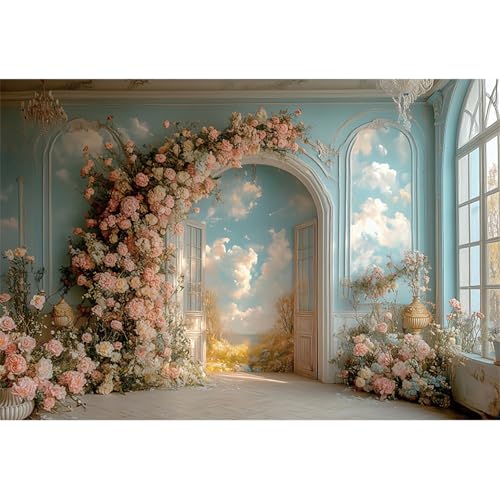 5x3ft Floral Wall Photography Background Romantic Style Arch Door Oil Painting Flowers Photo Background for Women Wedding Party Banner Supplies Girls Birthday Decorations Photoshoot Studio - color: pink and blue-1, size: 5x3ft