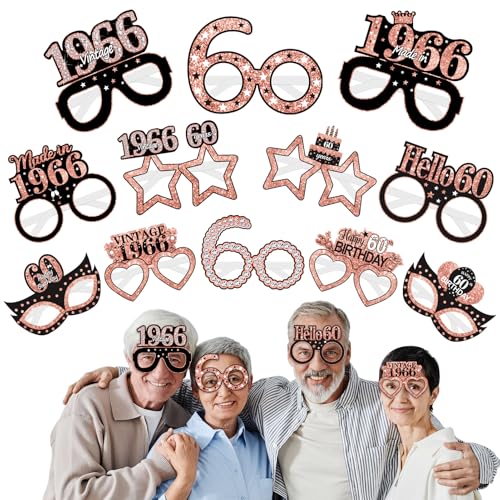 Turypaty 24Pcs 1966 60th Birthday Paper Glasses Decorations for Women - Rose Gold Happy 60th Birthday Paper Eyeglasses Photo Props Gifts, Vintage 1966 60 Years Old Birthday Party Supplies - style: Rose Gold 60th