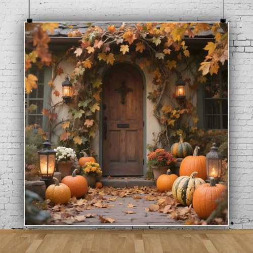 Fall Backdrop 10x10ft Rustic Wood Door Fallen Autumn Leaves Fall Backdrops for Photography Festival Harvest Background Thanksgiving Decorations Props for Photoshoot Studio Photo Backgrounds - color: Brown, size: 10x10ft