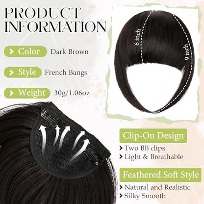 Bangs Hair Clip in Bangs, French Dark Brown Fake Bangs Hair Clip on Bangs for Women Fringe with Temples Hairpieces Faux Bangs for Daily Wear - color: Dark Brown