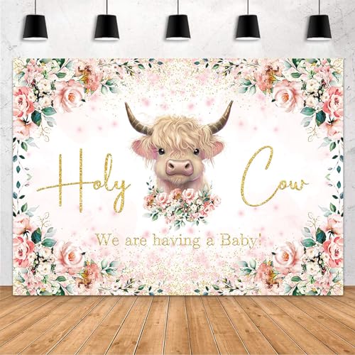 MEHOFOND 7x5ft Holy Cow Baby Shower Backdrop for Girl We are Having A Baby Cow Greenery Baby Shower Party Decorations Banner Pink Floral Watercolor Eucalyptus Farm Animal Photography Background - color: Pink, size: 7x5ft