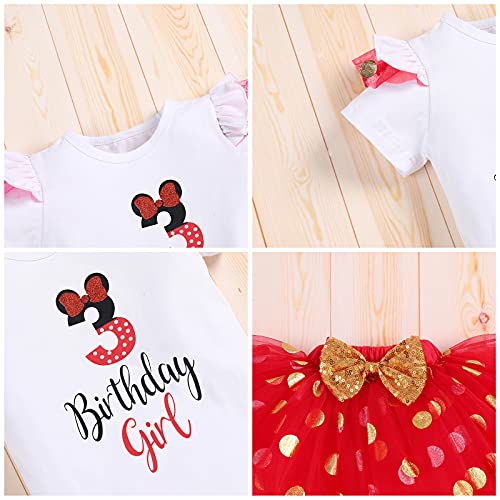 IBTOM CASTLE Cake Smash Half 1st 2nd 3rd Birthday Girl Princess Polka Dots Ruffle Skirt Set ONE Party Costume Headband - color: Red-3rd, size: 3T