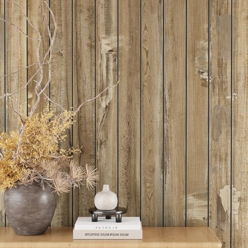 VEELIKE Weathered Wood Slat Wall Panels Peel and Stick Reclaimed Wood Grain Panels for Bedroom Farmhouse 17''x118'' Self Adhesive 3D Acoustic Panel Wooden Planks for Living Room Accent Walls Ceilings - color: Weathered Teak, size: 17''x118''