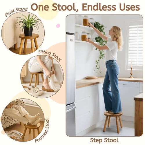 Youeon 12 Inch Round Solid Wooden Step Stool, Non-Slip One Step Stool for Adults, Holds up to 300 Lbs, Portable & Sturdy, Footstool for Bedroom, Bathroom, Kitchen, Easy to Assemble - size: 11.8"d X 11.8"w X 11.6"h