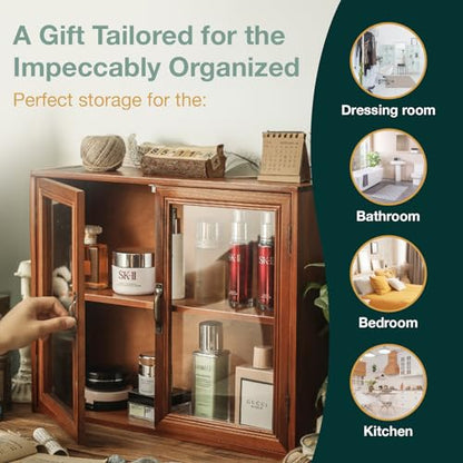 Cosmetics Display Cabinet with Clear Doors - 2-Level Wooden Tabletop Shelf Storage for Makeup, Perfumes, Skincare - Mahogany Wood Vanity Shelf Display Case - Mini Kitchen Cupboard
