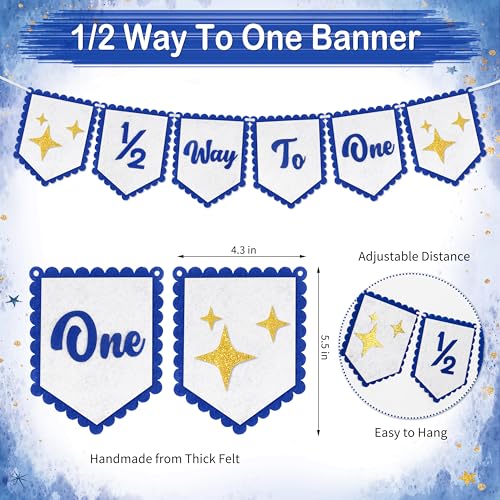 1/2 Birthday Blue Half Birthday Decorations - Blue Star It's My 1/2 Birth Banner, Glitter Cake Topper Tassel Wood Bead High Chair Banner & Crown, Hat Halfway to One Boy Girl Party Supplies - color: Star Blue