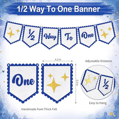 1/2 Birthday Blue Half Birthday Decorations - Blue Star It's My 1/2 Birth Banner, Glitter Cake Topper Tassel Wood Bead High Chair Banner & Crown, Hat Halfway to One Boy Girl Party Supplies - color: Star Blue