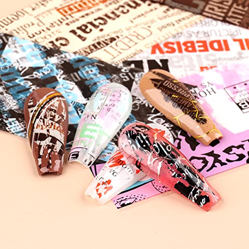 Newspaper Nail Foil Transfer Stickers English Letter Designs Nail Decals Supplies Set Acrylic Nails Sticker Decorations for Nail Transfer Glue Polish, Women DIY Manicure Accessories Set 10Sheets - style: Newparpe
